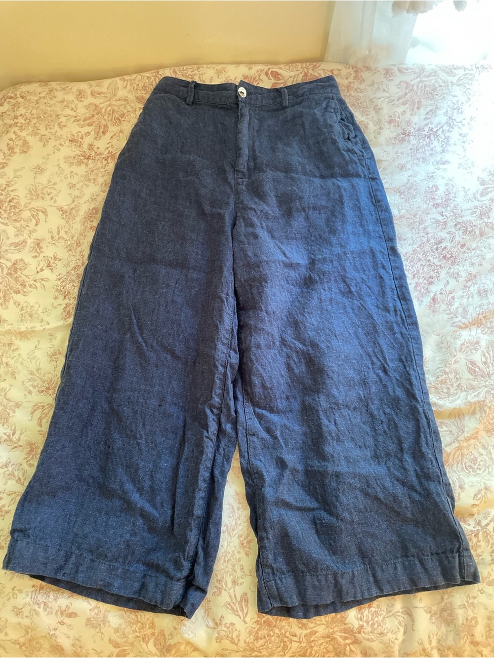 Zara Wide-Leg Linen Blend Pants in Navy Blue